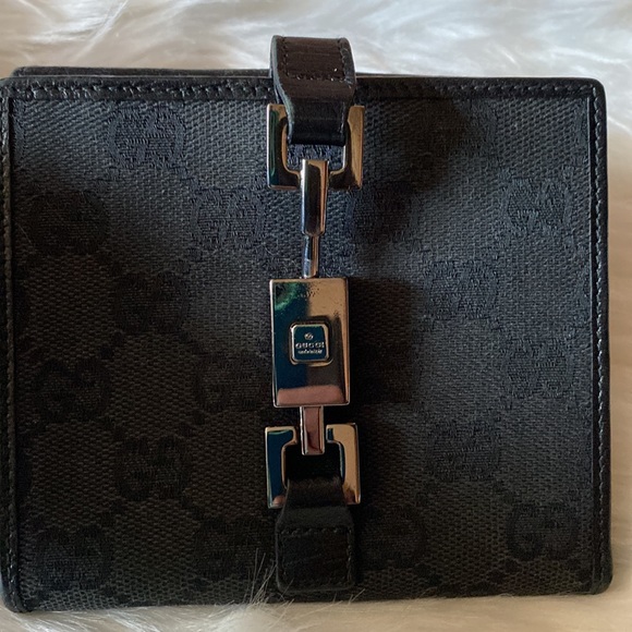 EUC-GUCCI GG BLACK LEATHER GUNMETAL HARDWARE PUSH LOCK JACKIE CANVASS WALLET - Picture 9 of 13